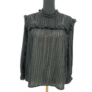 Madewell Womens Black Eyelet Ruffle Long Sleeve Tie Neckline Cotton Blouse Large